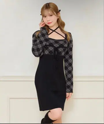 apres jour 크로스 리본 니트 미니 원피스