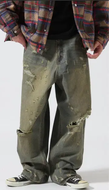 fr(13)nds 프렌즈 녹 가공 데미지 와이드 팬츠