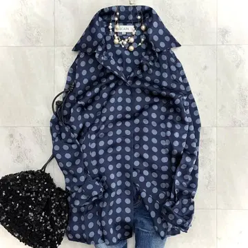 새상품급 스카파 셔츠 블라우스 네이비 그레이 도트 실크 100%