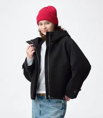 코지 멜톤 숏 후디 코트 S 블랙