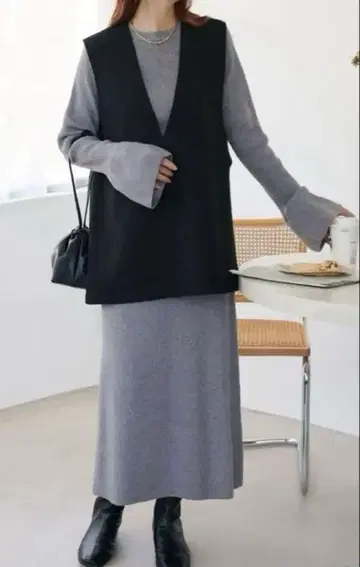 새상품급 Discoat 베스트 포함 리브 니트 셋업 그레이