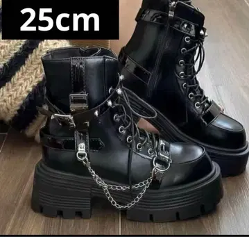 25cm 블랙 통굽 레이스업 부츠 체인 포함 y2k 미사용 새상품