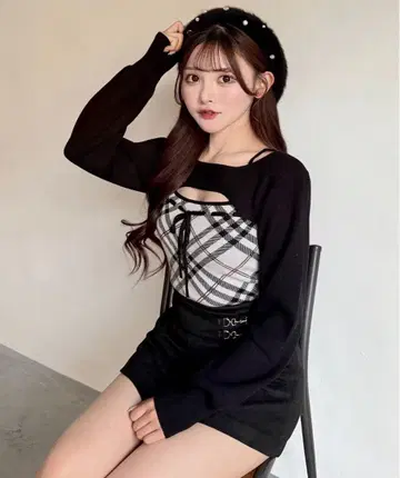 NOMAE 체크 리본 숏 레이어드 니트