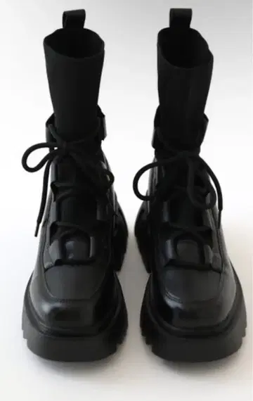 블랙 페이크 삭스 스트랩 미들 워커 통굽 부츠 24cm