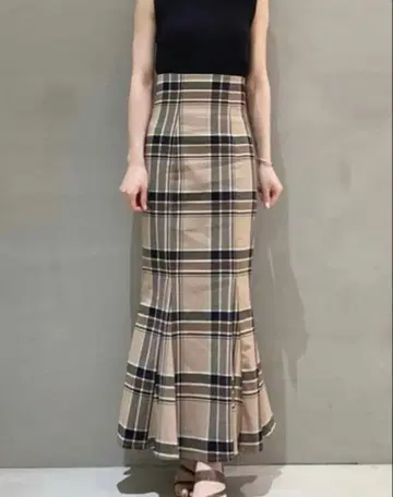 SNIDEL 하이웨스트 타이트 헤므 플레어 체크 스커트 BEG 00
