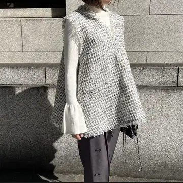 heve 헤이브 트위드 베스트 화이트 베스트 프린지 V넥