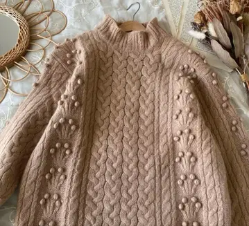 빈티지 구제 의류 폼폼 하이넥 케이블 짜임 울 니트