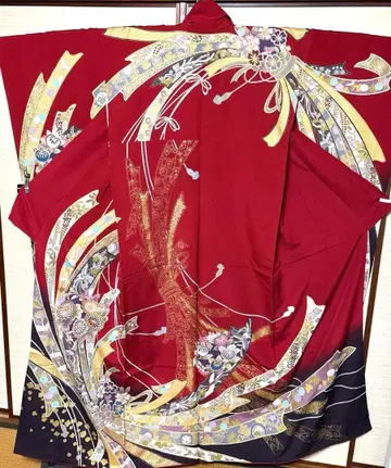 주홍색 노시 국화 주황 패턴 후리소데 기장 156