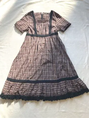 핑크하우스 티어드 프릴 롱 원피스 브라운 체크 새상품급 A라인