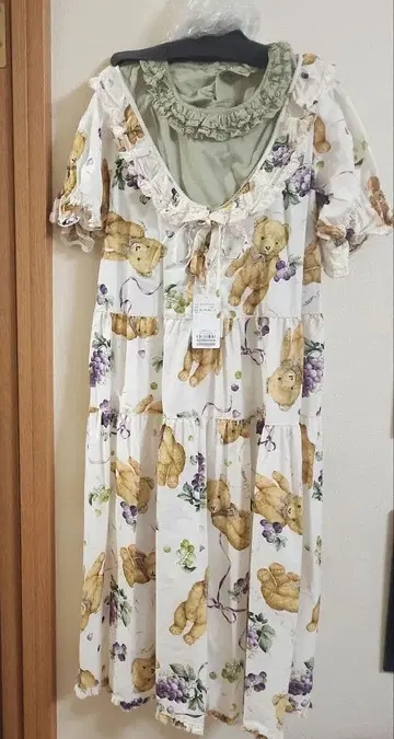 핑크하우스 곰 포도 프린트 미디 원피스