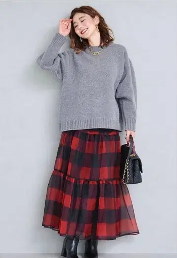 OBLI 오블리 블록 체크 오간자 스커트