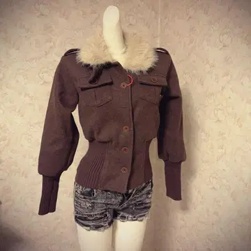 헤이세이 갸루 00s 퍼가 달린 브라운 테일러드 자켓 Y2K 그런지