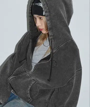 Anchor Smith 빈티지 가공 서클 로고 자수 더블 지퍼 후드티