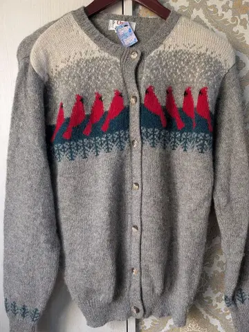 빈티지 울 혼방 그레이 가디건 빨간 새 패턴 구제 의류 미국 해외