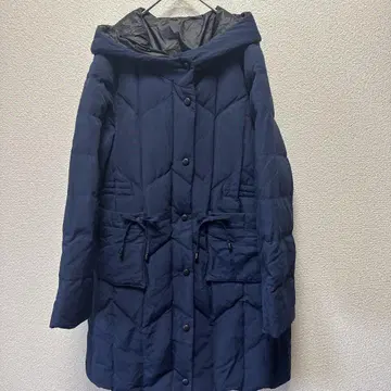 네이비 후드 부착 롱 다운 코트 다운 80 페더 20