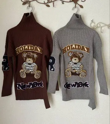 테디베어 니트 스웨터 2색 세트 브라운 그레이 세트 아플리케