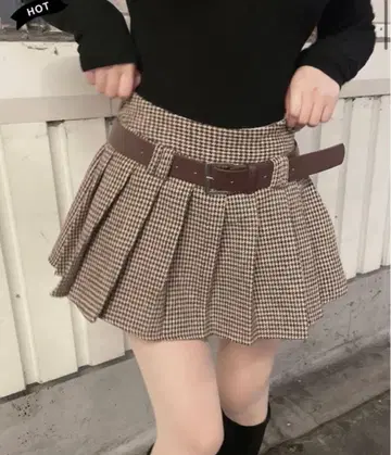 베이지 체크 무늬 스커트 벨트 포함