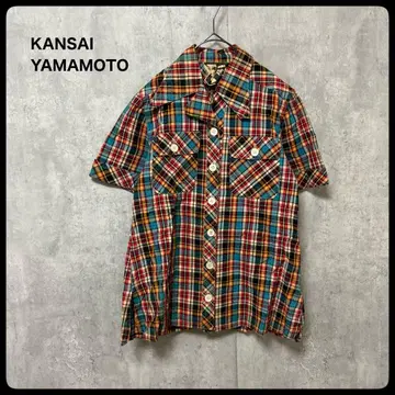 # 80's 야마모토 간사이 체크 무늬 얼굴 택 소매 플레어 반팔 셔츠