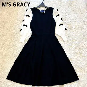 [ 컨디션 최상 ] 엠즈 그레이시 니트 플레어 원피스 리본 블랙 36