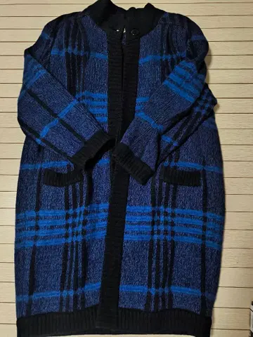 이탈리아제 파랑 블랙 체크 롱 스웨터 가디건 L