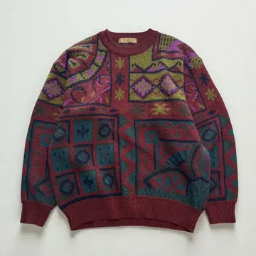 빈티지 레트로 디자인 니트 스웨터 기하학 패턴 남성용 L 구제 의류