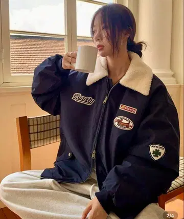 네이비 점퍼 L 사이즈 플리스 카라 부착