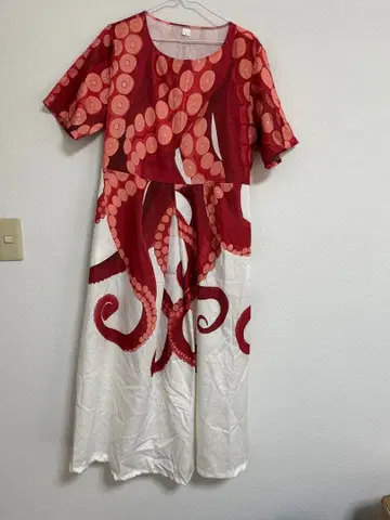 문어 프린트 반팔 롱 원피스