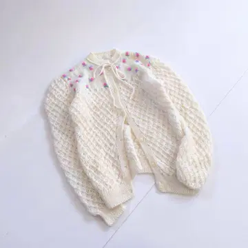 빈티지 꽃무늬 자수 티롤리안 니트 가디건 화이트 P8