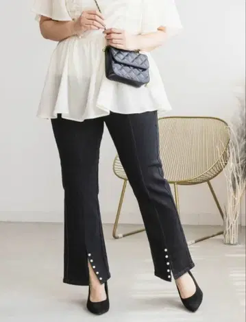 쿠레트 데님 팬츠 4L 빅 사이즈 밑단 슬릿 펄 데님 팬츠