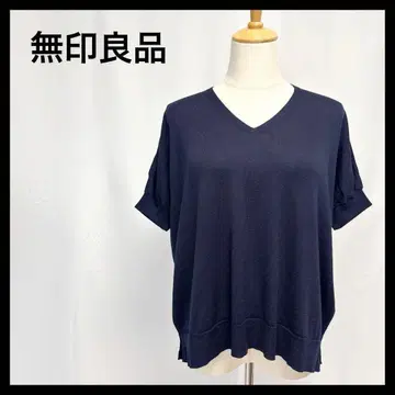 [ 새상품급 ] 무인양품 반팔 니트 돌먼 울 실크 V넥 네이비 ML