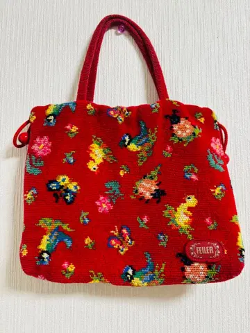 FEILER 꽃과 새 자수 토트백 빨간색