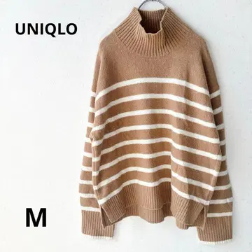 UNIQLO 유니클로 수플레얀 하이넥 스웨터(긴팔) 보더 무늬 베이지