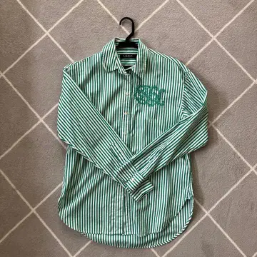 LAUREN 그린과 화이트 스트라이프 긴팔 셔츠 XS