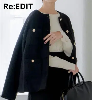 Re:EDIT 트위드 프린지 노카라 자켓