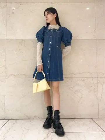 볼륨 슬리브 미니 원피스