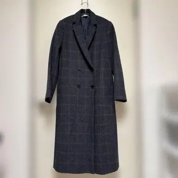 네이비 계열 체크 더블 브레스트 롱 코트 M 사이즈