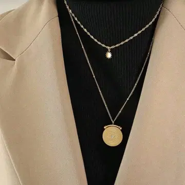 골드 이중 목걸이 원형 펜던트
