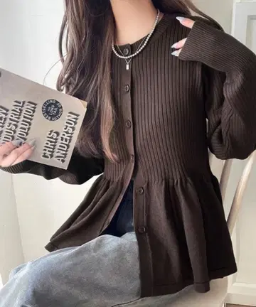 클래식 엘프 리브 프릴 페플럼 가디건 상의 (긴팔)