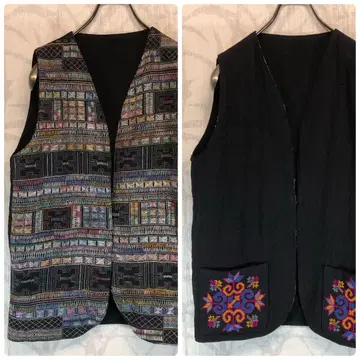 리버서블 린넨 전통 자수 슬리브리스 베스트 올 패턴 블랙 R