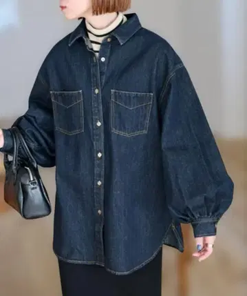 DISCOAT 소매 볼륨 빅 데님 셔츠 네이비