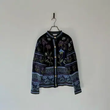 빈티지 영국제 패턴 니트 가디건 울 꽃무늬 골드 버튼 두꺼운 원단 네이비
