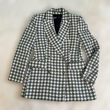 ZARA 더블 브레스트 자켓 그린 화이트 체크 무늬 M