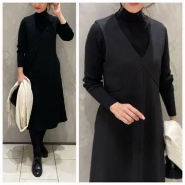 엠프리미어 블랙 깊은 v넥 오버롤 스커트