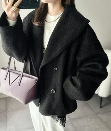 새상품 클래식 엘프 빅 컬러 페이크 울 더블 코트 블랙