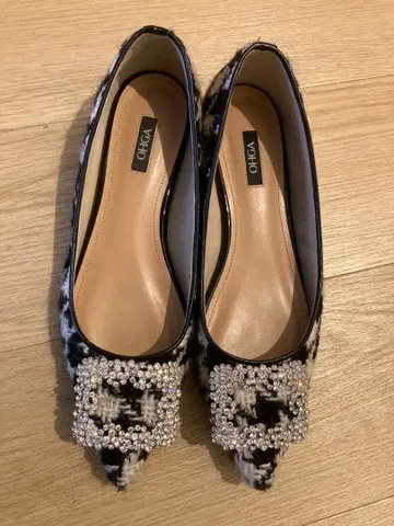 OHGA 하운드투스 체크 트위드 비쥬 펌프스 플랫슈즈 24cm