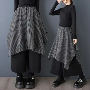 새상품 빅 사이즈 루즈핏 체크 무늬 패치워크 와이드 팬츠 블랙 가을/겨울