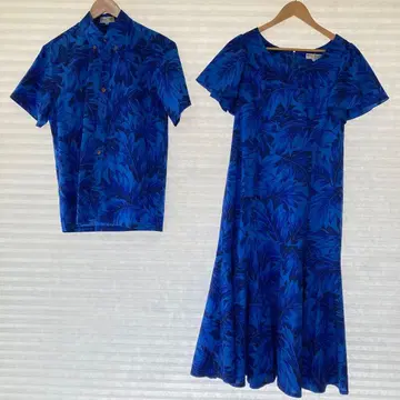 블루 계열 패턴 반팔 원피스와 셔츠 세트