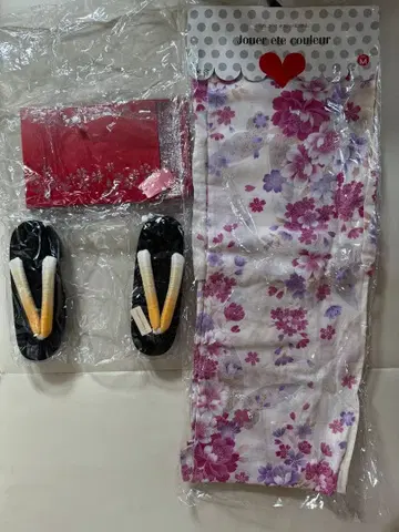 핑크 꽃무늬 유카타 오비 일본 나막신 세트 3