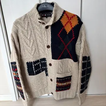 반 베이지 패치워크 니트 가디건