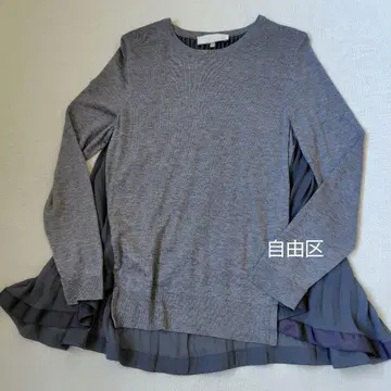 자유구 플리츠 절개 얇은 소재 니트 울 혼방 그레이 38